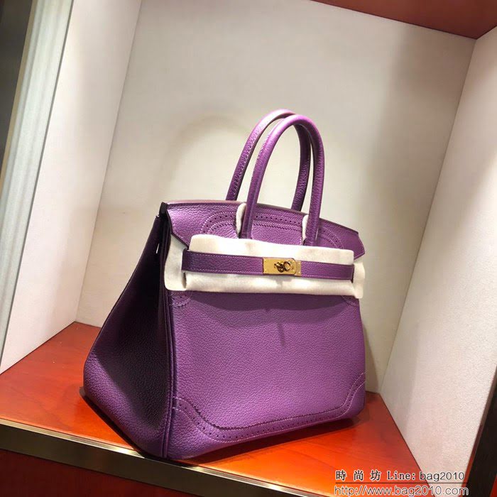 HERMES愛馬仕 鉑金包 Birkin Ghillies 30Cm Swif拼Tc P9 Anemonb 海葵紫 金扣 頂級工藝 手縫蠟線 時尚手提包  Ama1595